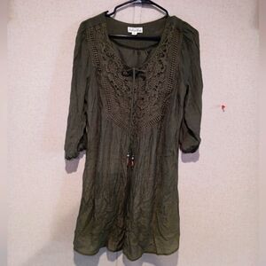 Indigo Rose Dress Womens Small Green Crochet Detail Tunic Length Boho Whimsical